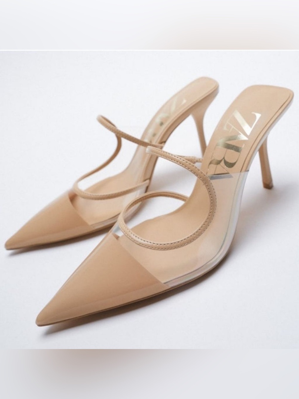 Zara Beige Pointed PVC Strap Mule Heels